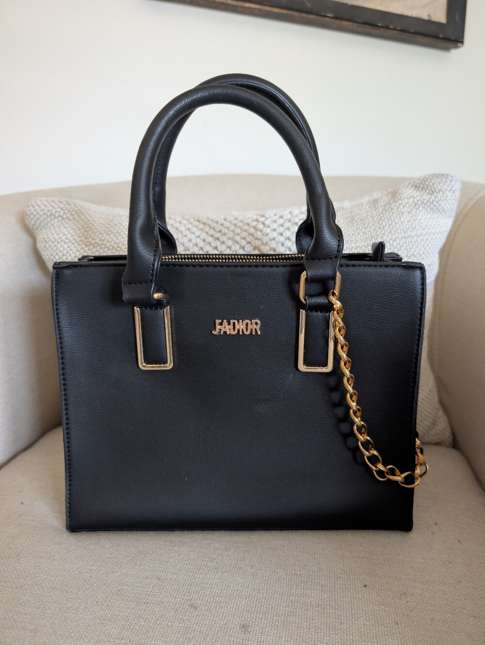 Black Leather Satchel with Gold Chain Accent